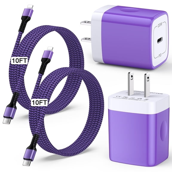 Compatible for iPhone Type C Charger Block, 2 Pack 20W PD USB C Charger with Charging Cable 10FT, USB C Block Charger Adapter Plug Power Station Type C Charging Box Compatible for iPhone, Purple