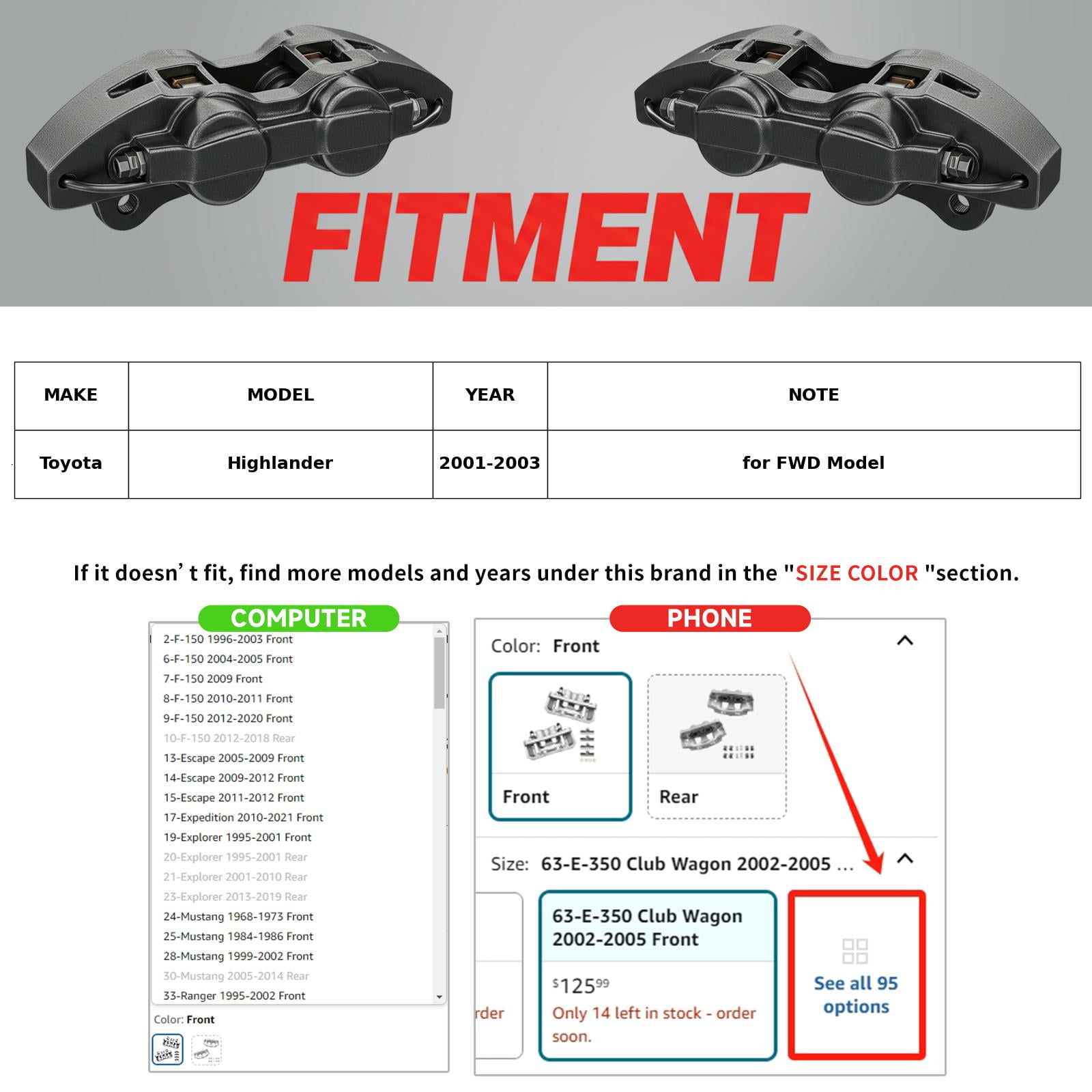 Funire Rear Brake Caliper With Bracket Compatible With 2001-2003 Toyota Highlander, Rear Driver & Passenger Side, 19-B2685A 19-B2684A