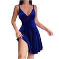 thumbnail image 2 of Homchy Women Sleeveless Strap Velvet Petite Cocktail Beach Evening Party Sexy Low Cut V Neck Mini Gowns Dress, 2 of 6