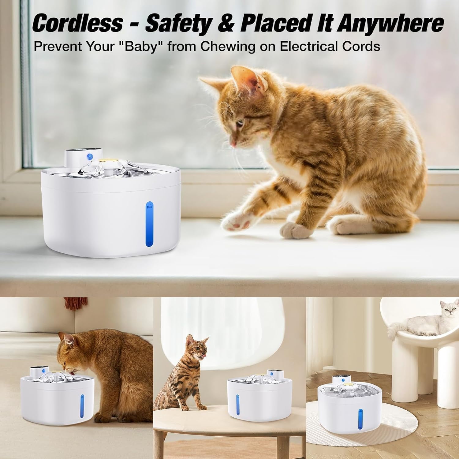Vinci S6 Cat Water Fountain, 88oz/2.6L Wireless Automatic Cat Fountain with Water Level Window for Cats and Dog with Motion Sensor, Ultra Quiet Battery Operated Pet Water Dispenser with 2 Filters