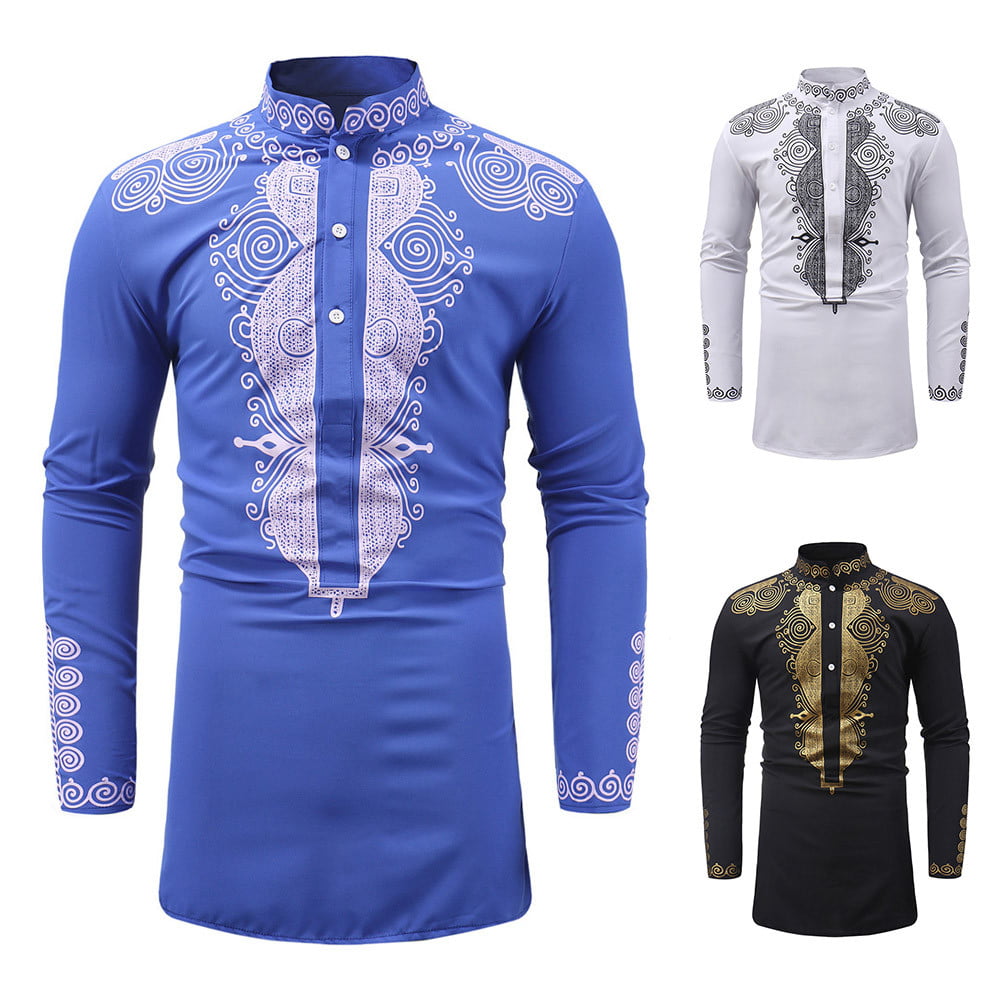 Men's Autumn Winter Luxury African Print Long-Sleeve Dashiki Shirt Top 