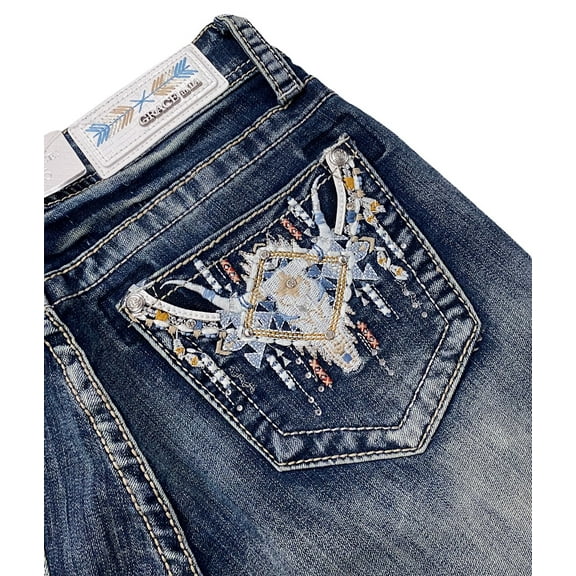 Grace in LA Women's Western Cow Head Crystal Embroidered Bootcut Stretch Jeans (25)