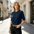 thumbnail image 4 of vzibsiv Womens Stretchy Half Sleeve Crew Neck Tops Relax Fit Solid Color Blouses Navy Size M, 4 of 6