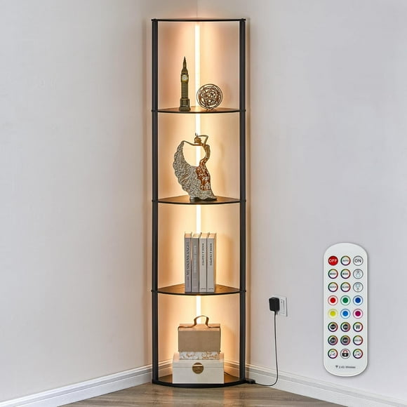 Corner Shelf with LED Light, 64 Inch Tall 5 Tiered Stand Shelf Organizer for Wall Corner, Metal Frame Wood Storage Rack Display Shelf for Living Room, Bedroom, Kitchen, Gaming Room