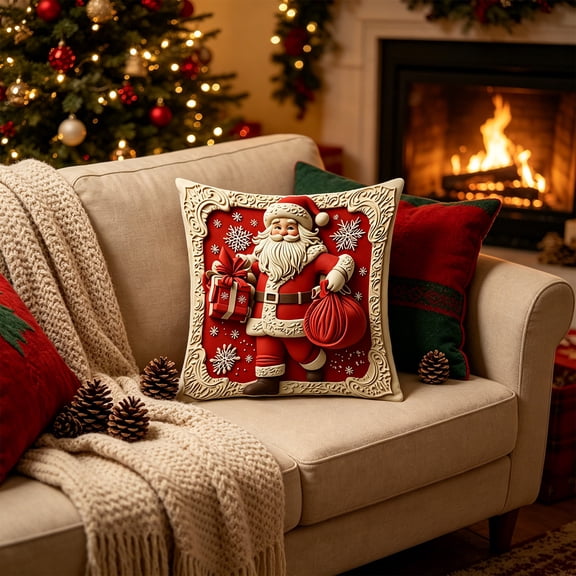 KFUIRDE Christmas-Printed Cushion Cover 18x18in, 3D Printed Sofa Pillow with Festive Christmas Theme, Decorative Cushion Case for Couch Living Room, Xmas Holiday Home Decor E