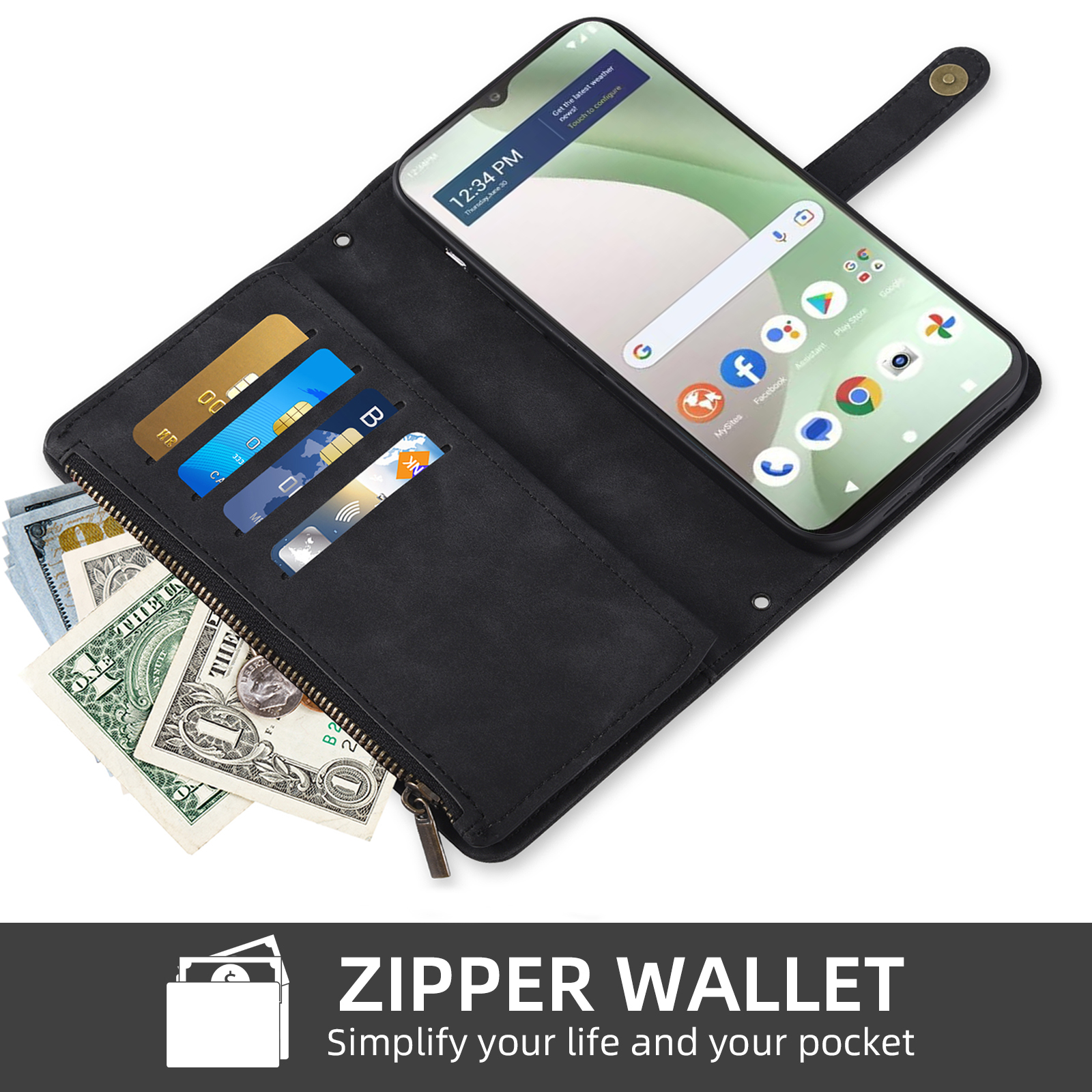 Asuwish Phone Case for Tracfone BLU View 5 B160V Wallet Cover With Tempered Glass Screen Protector Crossbody Wrist Strap Flip Pattern Zipper Card Holder Cell Trac Fone BLUE View5 160V 2024 Men Black