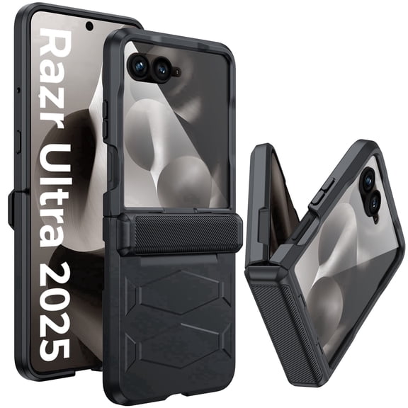 Vizvera for Motorola Razr Ultra 2026/Razr Ultra 2025 Phone Case,with Hinge Cover,Screen Protector Shockproof All-Inclusive Cover Wireless Charging-Black