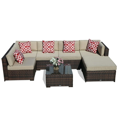 Outdoor Furniture Sectional Sofa Set (7-Piece Set) All-Weather Brown Wicker with Beige
