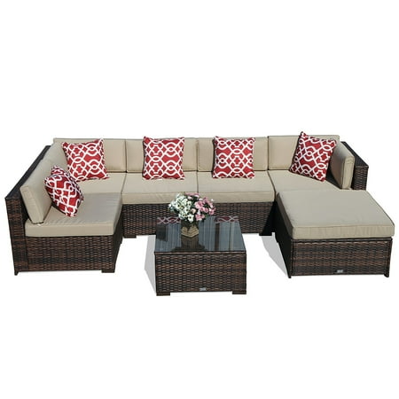Indoor Outdoor Sofa Outdoor Furniture Sectional Sofa Set (7-Piece Set) All-Weather Brown Wicker with Beige Seat Cushions &Glass Coffee Table| Patio, Backyard, Pool| Steel Frame ()
