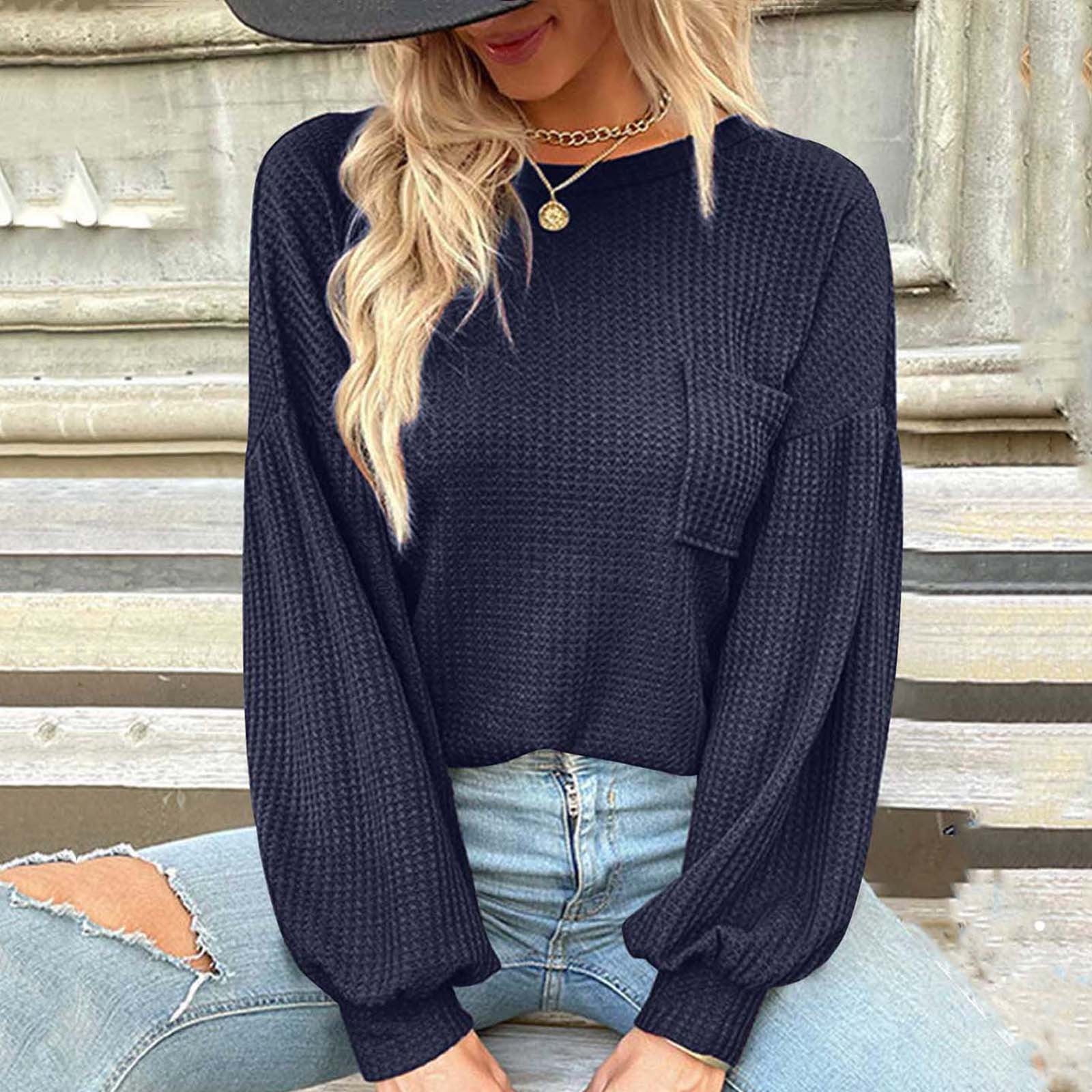 Hfyihgf Women Criss Cross V Back Sweaters Fall Trendy Loose Long Sleeve V- Neck Waffle Knitted Pullover Jumper Tops（Navy,M) 