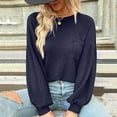 thumbnail image 5 of Women's Casual Tops Solid Color O-neck Hollow Back Blouse Long Puff Sleeves Dressy Waffle Knit Sweater Shirts(M,Navy), 5 of 5