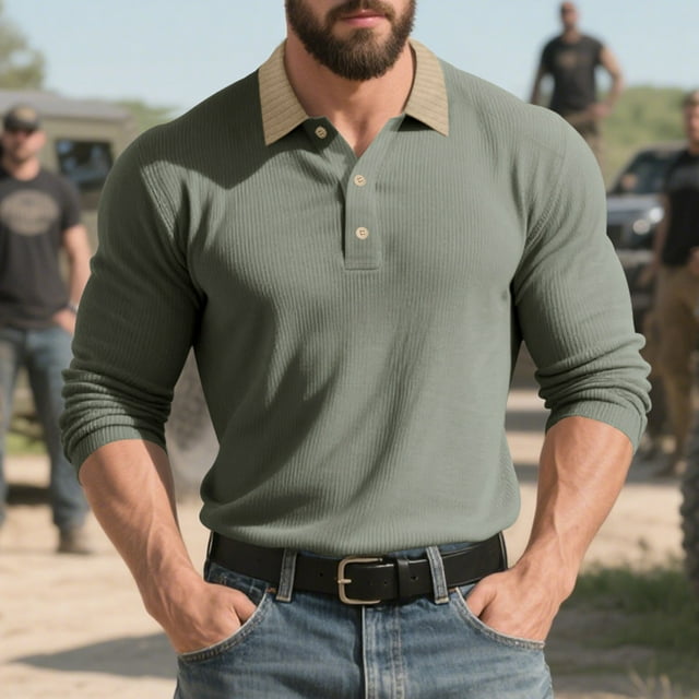 pstuiky camisetas de manga larga para hombre, Blusa/camisa de lana con botones, cuello vuelto y manga larga de color liso para hombre top de hombre s