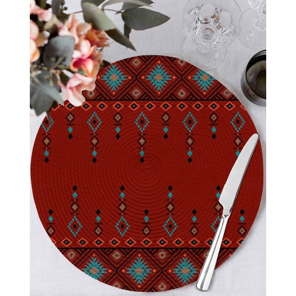 15 Inch Round Placemats Set of 6, Red Boho Non Slip Heat Insulation PP Table Mats, Vintage Ethnic Tribe Abstract Art Retro Washable Place Mats for Kitchen Dining Party Table Decor