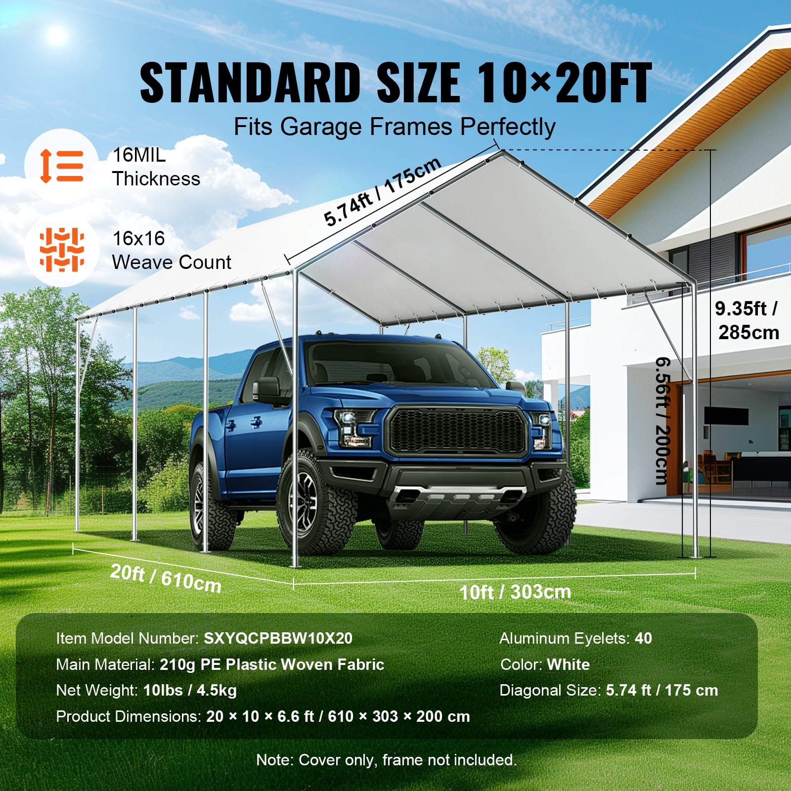 KFFKFF Replacement Canopy 118.11" x 236.22" x 74.80'' White Carport