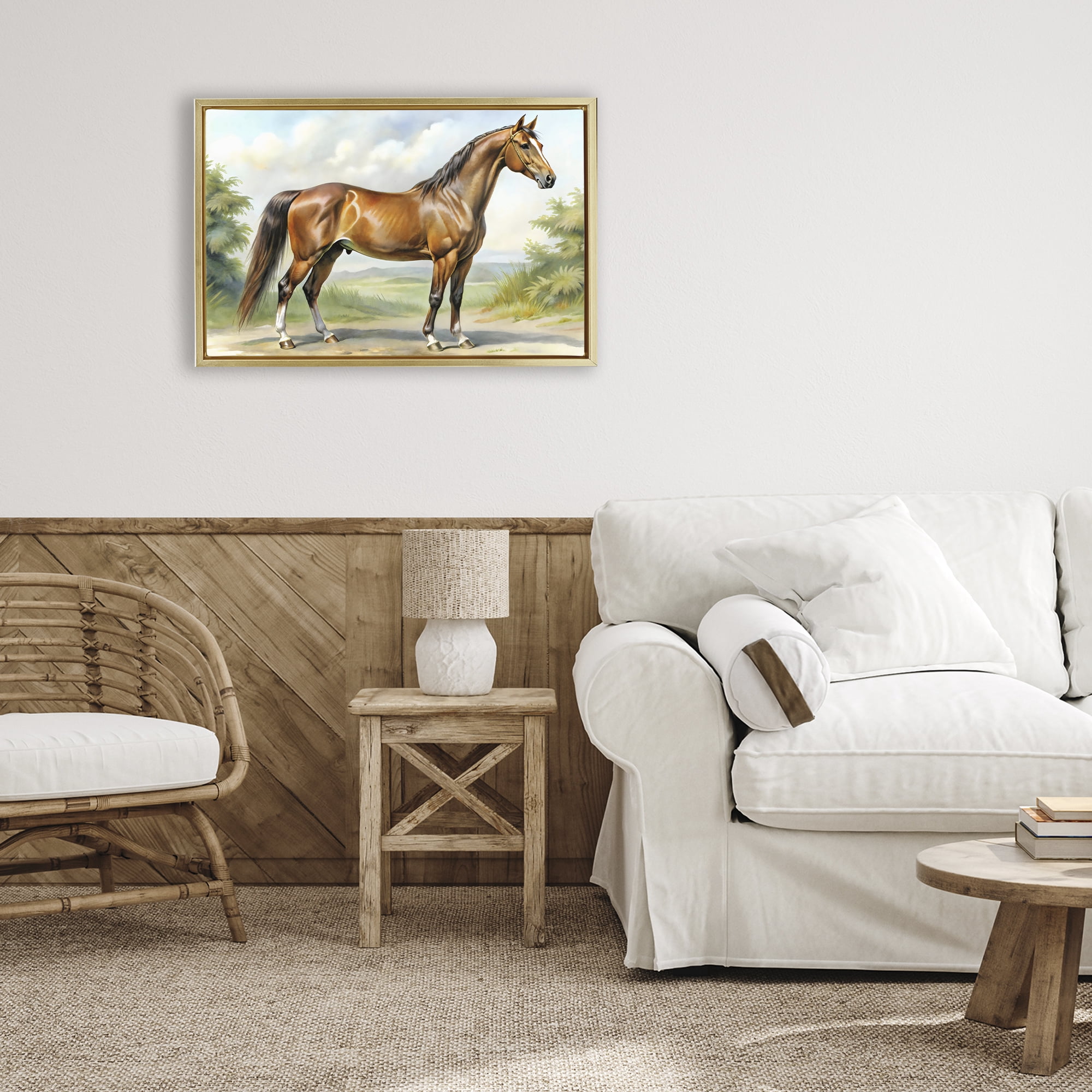 Stupell Industries Majestic Horse in Pastoral Landscape Gold Framed Floater Canvas Wall Art, design by Creative Studio