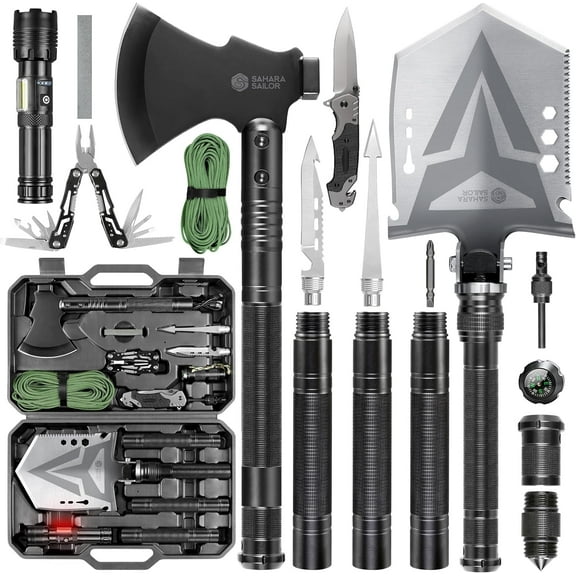 Folding Camping Shovel Axe Kit Military Grade, Multifunctional Survival Tactical Shovel with Paracord, Dual Color Flashlight, Whetstone, Emergency Gear for Camping