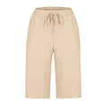thumbnail image 4 of Linen Capri for Women 2025 Summer Lightweight Drawstring Striped Short Pants with Pocket Casual Loose Beach Outfits Beige, 4 of 6