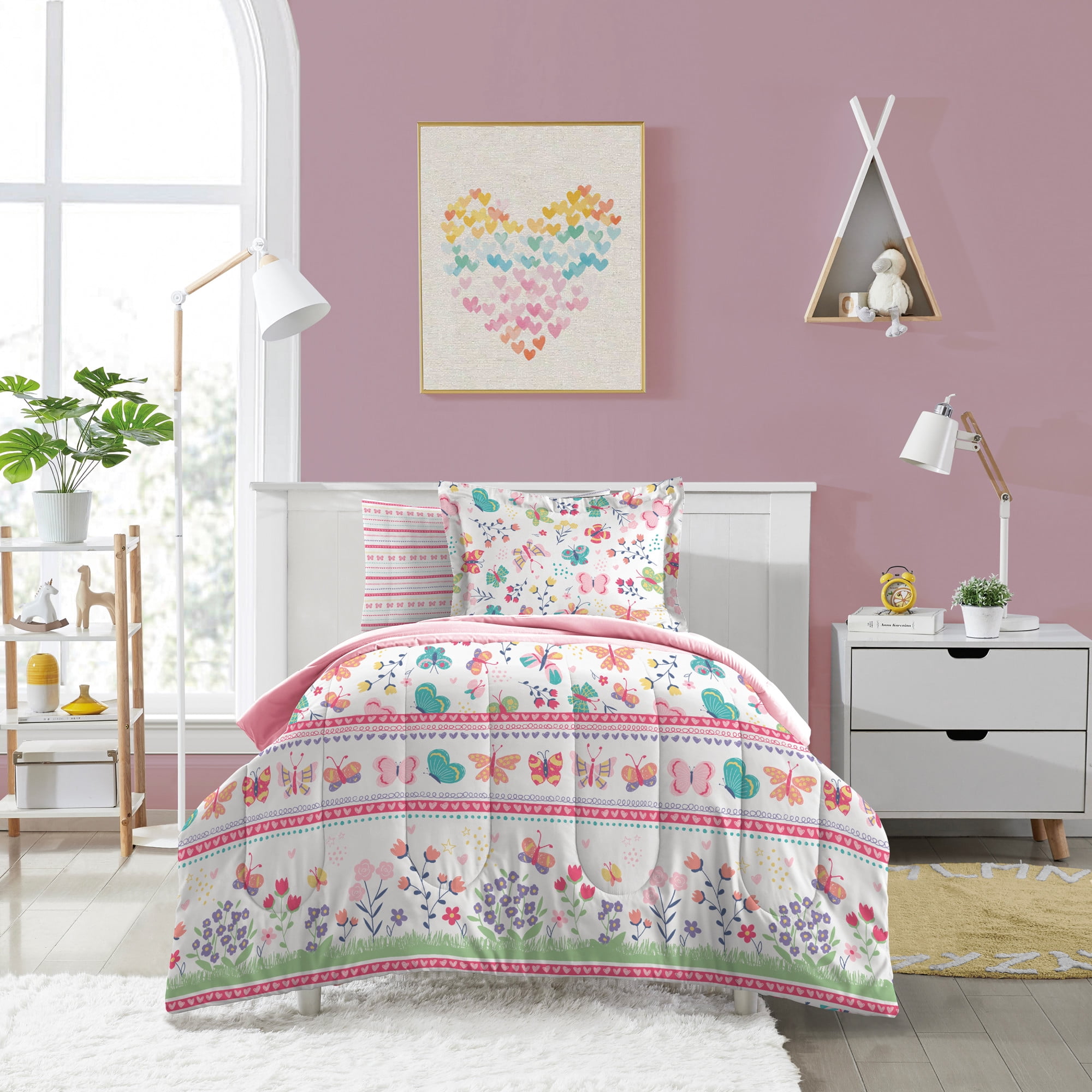 Dream Factory Butterfly Garden Twin Bed in a Bag Pink, Microfiber, 100% Polyester Fill, Female, Child