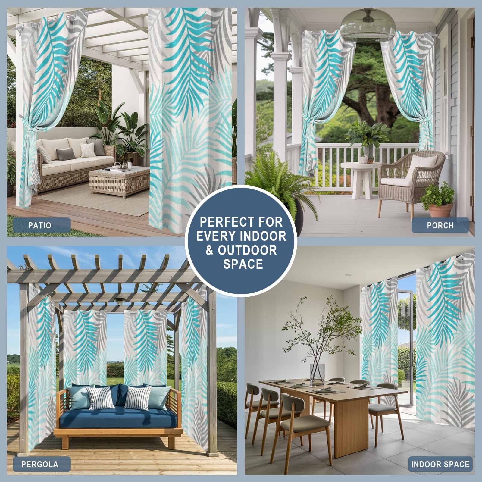 Teal Grey Palm Leaves Outdoor Curtains for Patio, Summer Botanical Vintage Tropical Leaf Rustic Sunshade Privacy Drapes Grommet Waterproof Outside Curtains for Porch/Cabana/Balcony 54"x 108", 1 Panel