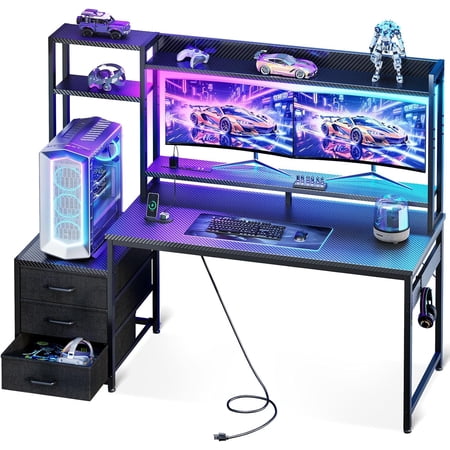 YANGLI 55" Gaming Desk with Hutch & 3 Fabric Drawers, USB Ports & LED Lights, Reversible, Monitor Stand, Carbon Fiber Black