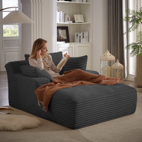 Kosynda Oversized Chaise Lounge Indoor, 50"W Corduroy Boneless Reading Chair with 3 Pillows for Living Room, Office, Black