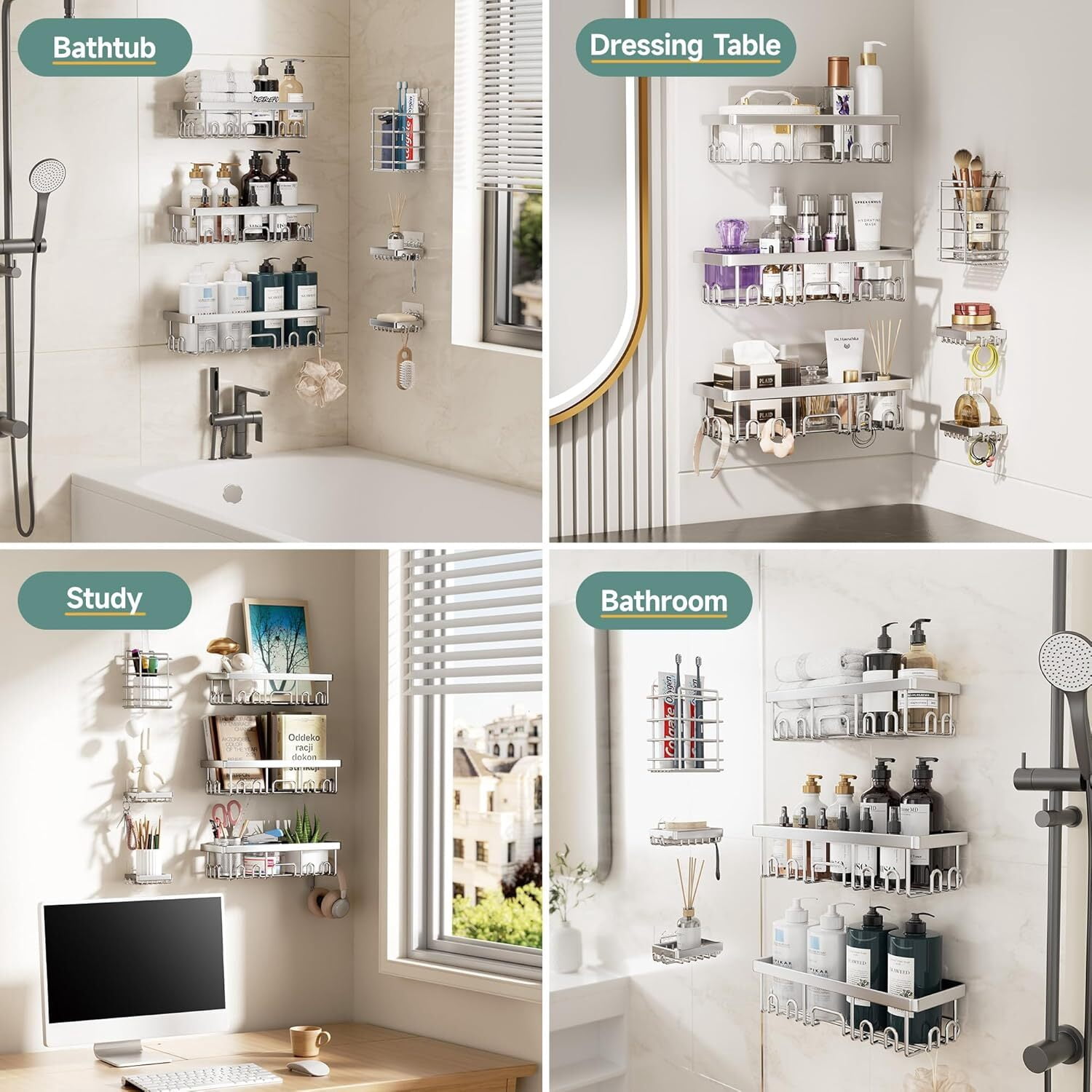 Veken Rustproof Shower Caddy 6-Pack, Ideal for Gift, Large Wall Mounted Rack, Bathroom Shelves Over Toilet, Organizer Storage Accessories with Soap Dish & Toothbrush Holder, Silver