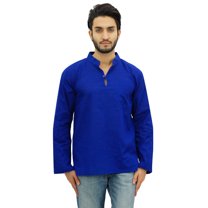 Atasi Men's Band Collar Short Kurta Blue Cotton Casual Tunic Shirt-Small