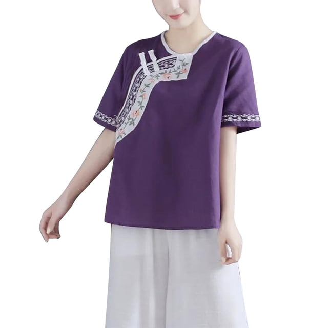 Tops de Algodón de Lino para las Mujeres Bordado Retro Suelto de Manga Corta de Gran Tamaño, Cuello Redondo