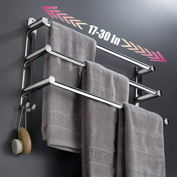 Towel Bars Hanger Freely Retractable 17-30 Inche Stainless Steel 304 Bath Rack Strong 3M Adhesive Bathroom Wall Free mounting Hole-Installing washroom Kitchen Space Saving 3 Bars