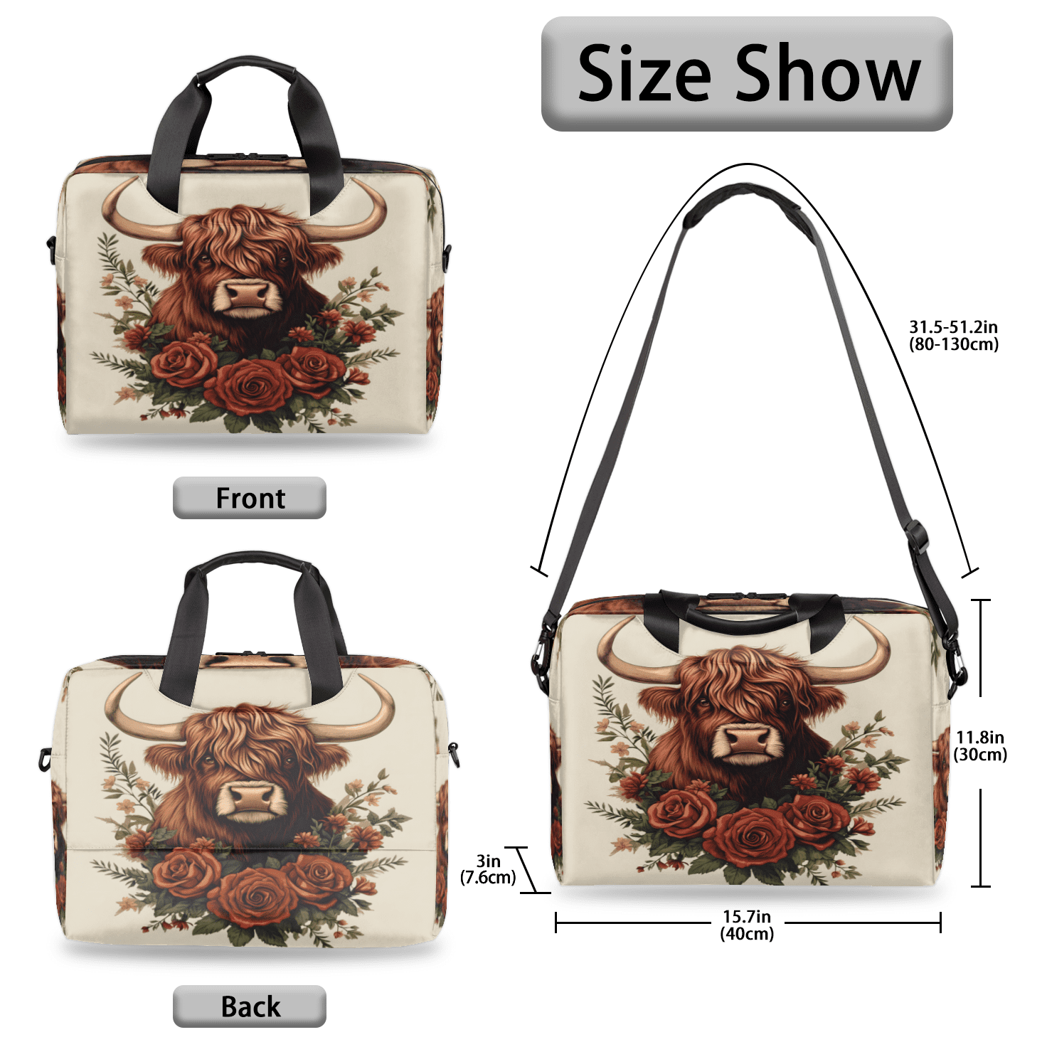 Herdesigns Cow Laptop Bag for Women Men, Computer Case Briefcase Messenger Bags, 15-15.6 inch Laptop Sleeve Shoulder Bag