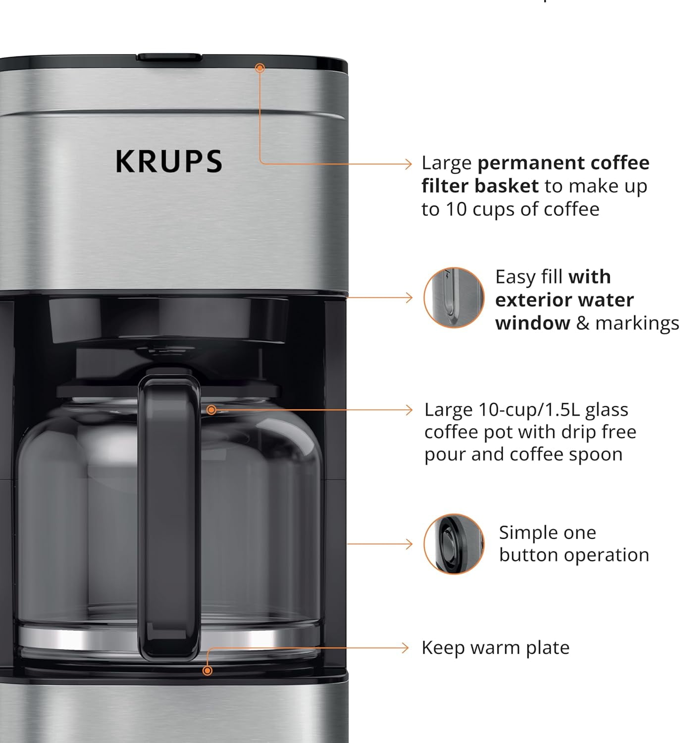 Coffee Maker 10 Cups Simply Brew Stainless Steel Drip Coffee Maker, 900 Watts Coffee Filter, Drip Free, Dishwasher Safe Pot , Black & Silver