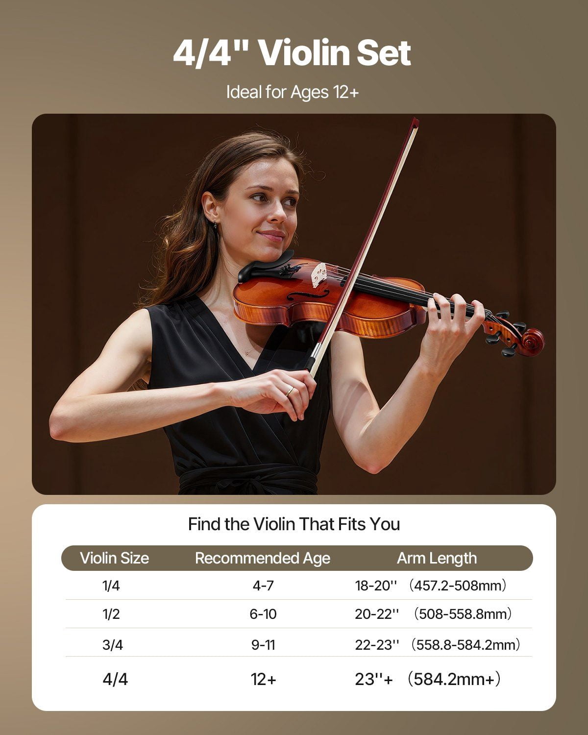 Violin 4/4 Size Fiddle Set for Beginners, Fully Handcrafted Solid Wood with Glossy Brown Tiger Stripe Pattern, Includes Case, Bow, Shoulder Rest, Tuner, Rosin, Spare Strings, Sticker, and Polishing