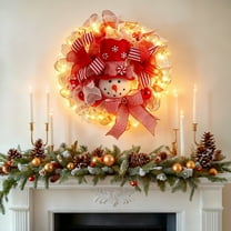Dserfhy Christmas Snowman Wreath for Front Door Light Up Red/Blue Mesh Ribbon Candy Cane Wreath with Snowman Doll for Winter Home Wall Decor