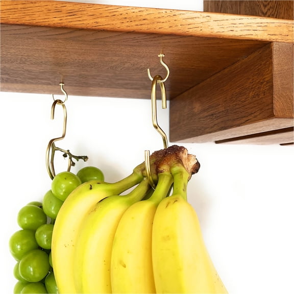DaylyFav Movable Brass Banana Hanger Hooks, Under Cabinet Banana Holder for Kitchen Counter & Rail Rod, 2 Pack