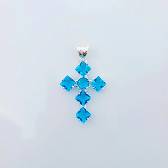 Blue Topaz Cross Pendant 925 Sterling Silver Polished Handmade Gemstone Jewelry 2.20 Inch