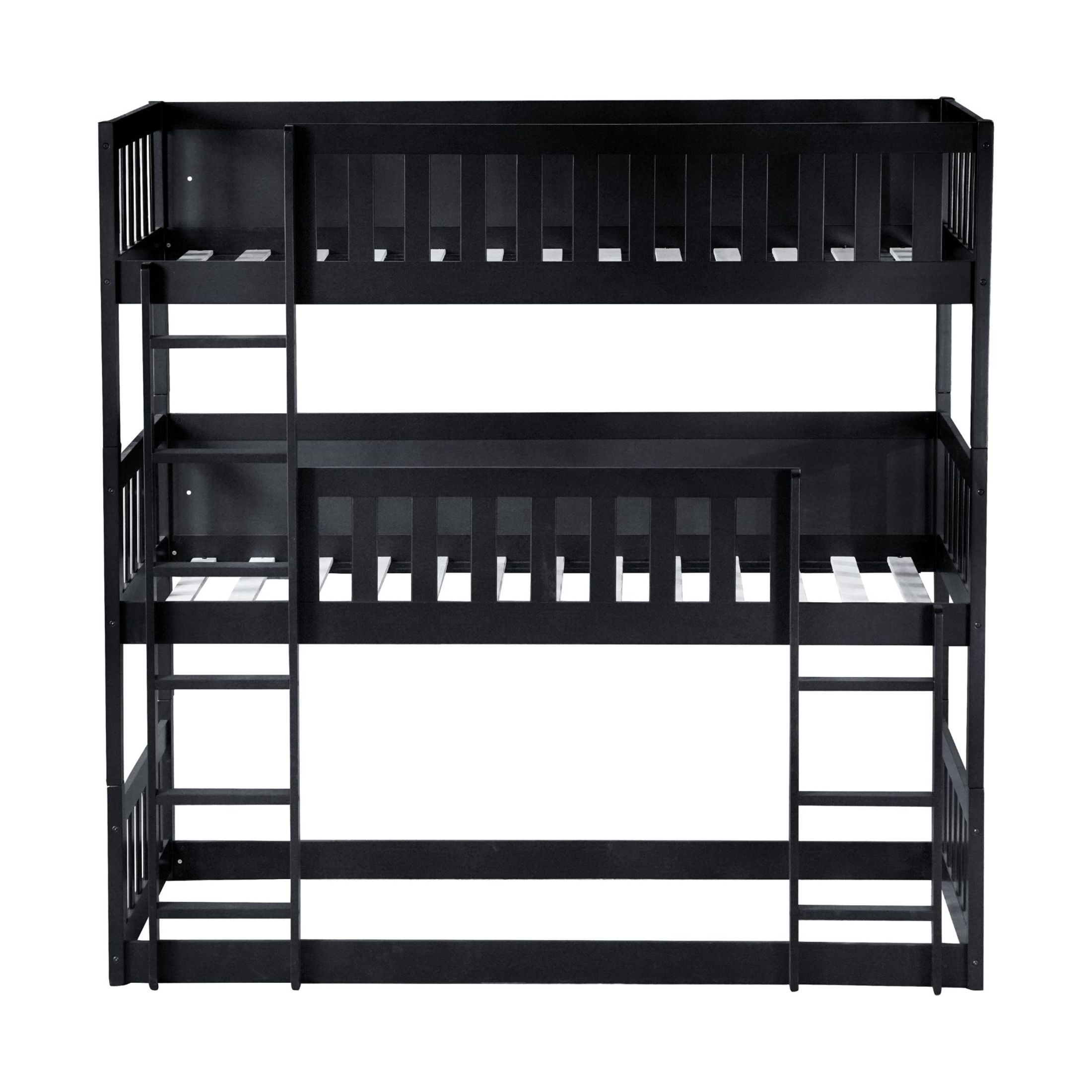 Noble House Lydia Triple Rubber Wood Bunk Bed, Convertible Twin over Twin over Twin with Guardrails and Ladders, Black
