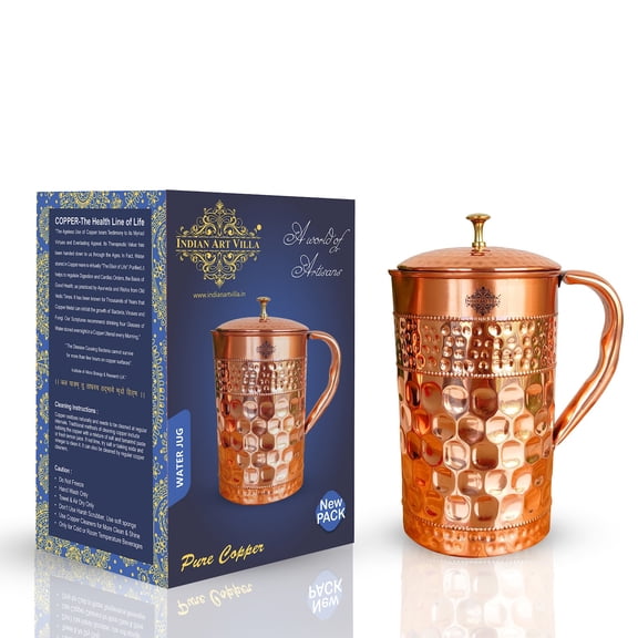 Indian Art Villa Pure Copper Jug/Pitcher with Diamond Hammered Beading Design, Brown, Drinkware & Storage Purpose, 50.7 oz