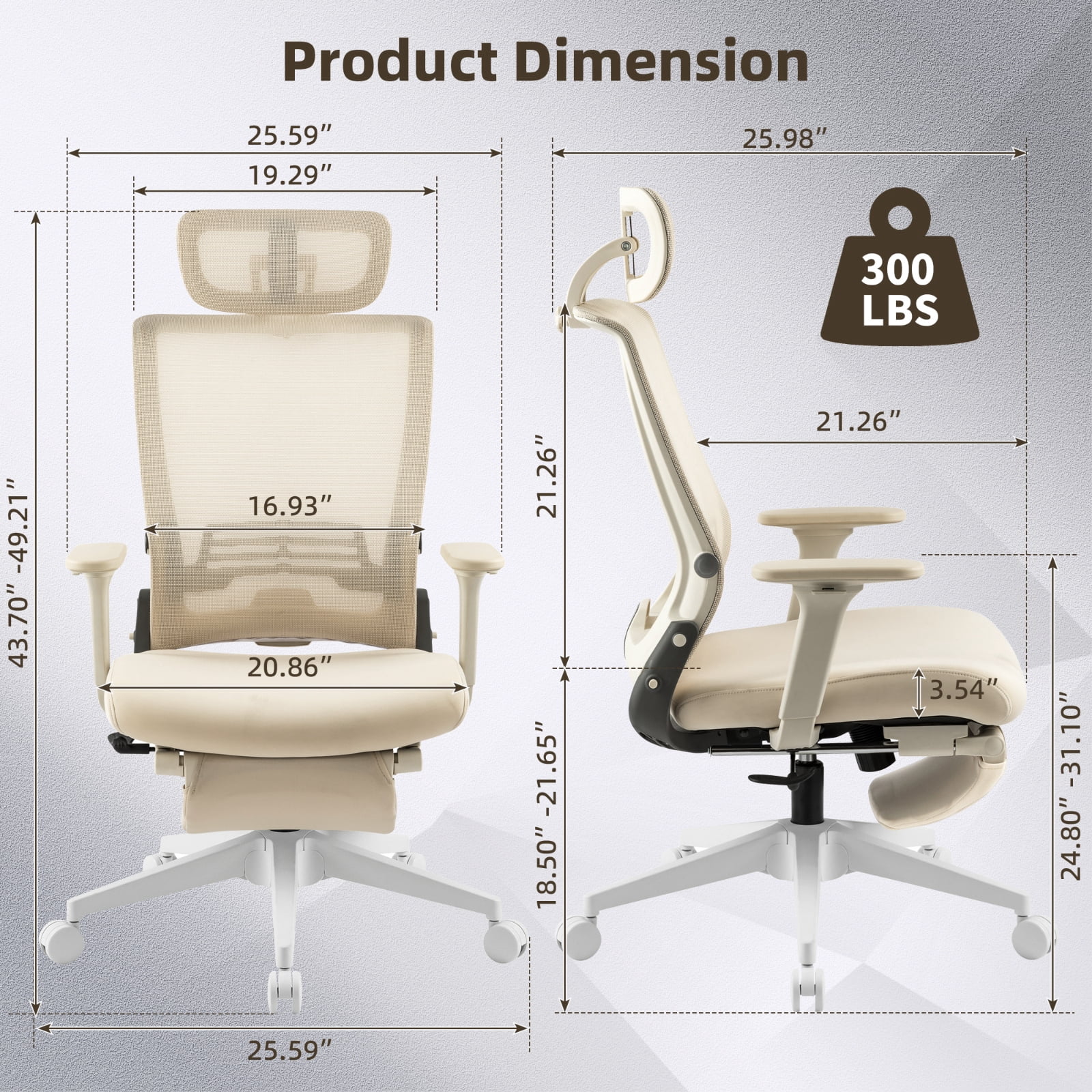 Hforesty Cream Foldable Office Chair with Footrest – Ergonomic Mesh Computer Chair, Lumbar Support, Swivel Tilt, 300lbs
