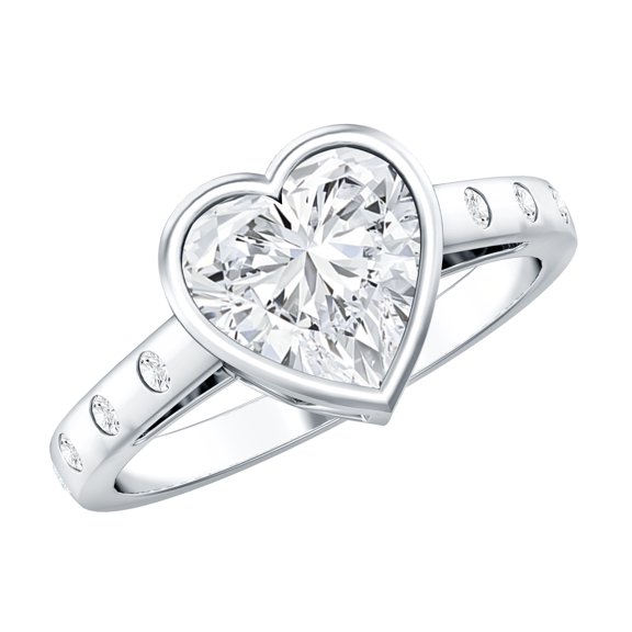 Rosec Jewels Lab Created Diamond Heart Engagement Ring 2 Carat - Bezel Set Diamond Ring (8mm, Ef-Vs Quality), 925 Sterling Silver, US 4.00