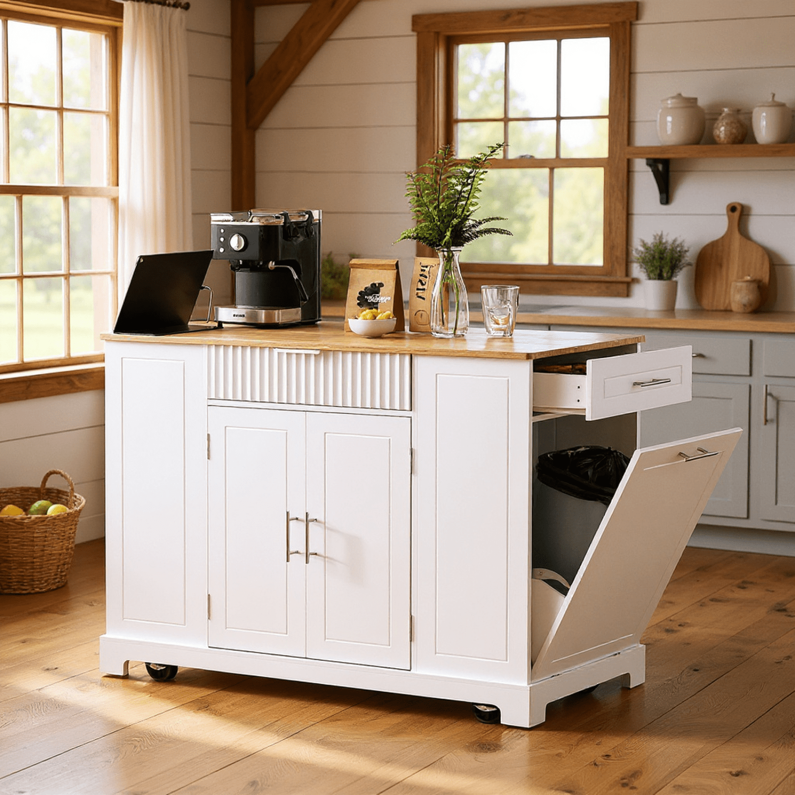 Homy Casa Kitchen Island with Power Outlet, Hidden Trash Bin, Rolling Storage Cabinet with Drawers