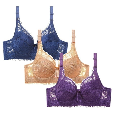 WREESH 3 Pack Lace Bralette for Women Adjustable Strap Push Up Bras Soft Padded Wireless Plunge Bra Comfortable Everyday No Underwire Bras Blue