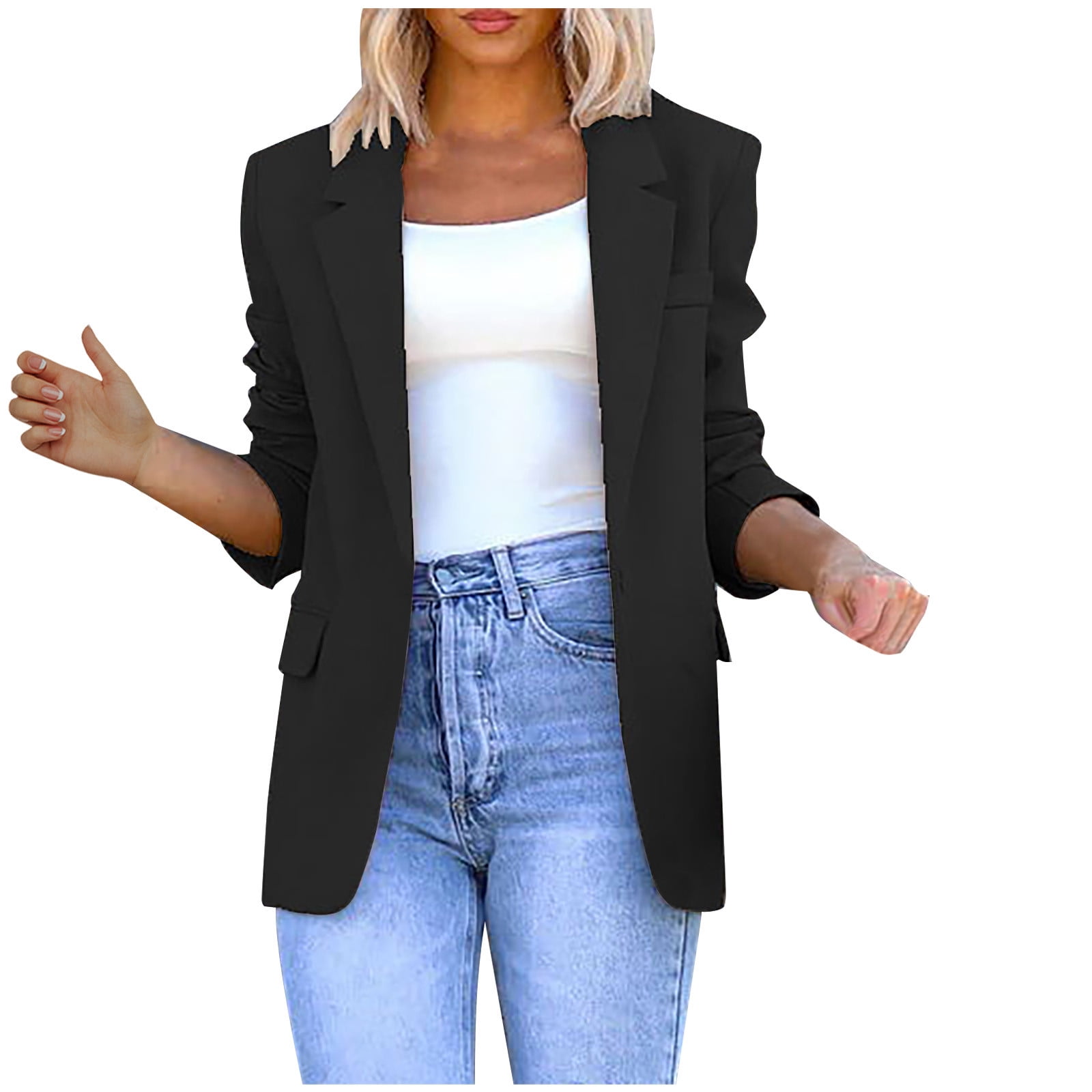 SMihono Women's Fashion Loose Blazer Coat Elegant Flash Pick Solid Business  Trendy Work Notched Lapel Collar Office Jacket Buttons Open Front Pocket  Long Sleeve Womens Suit Navy 6 