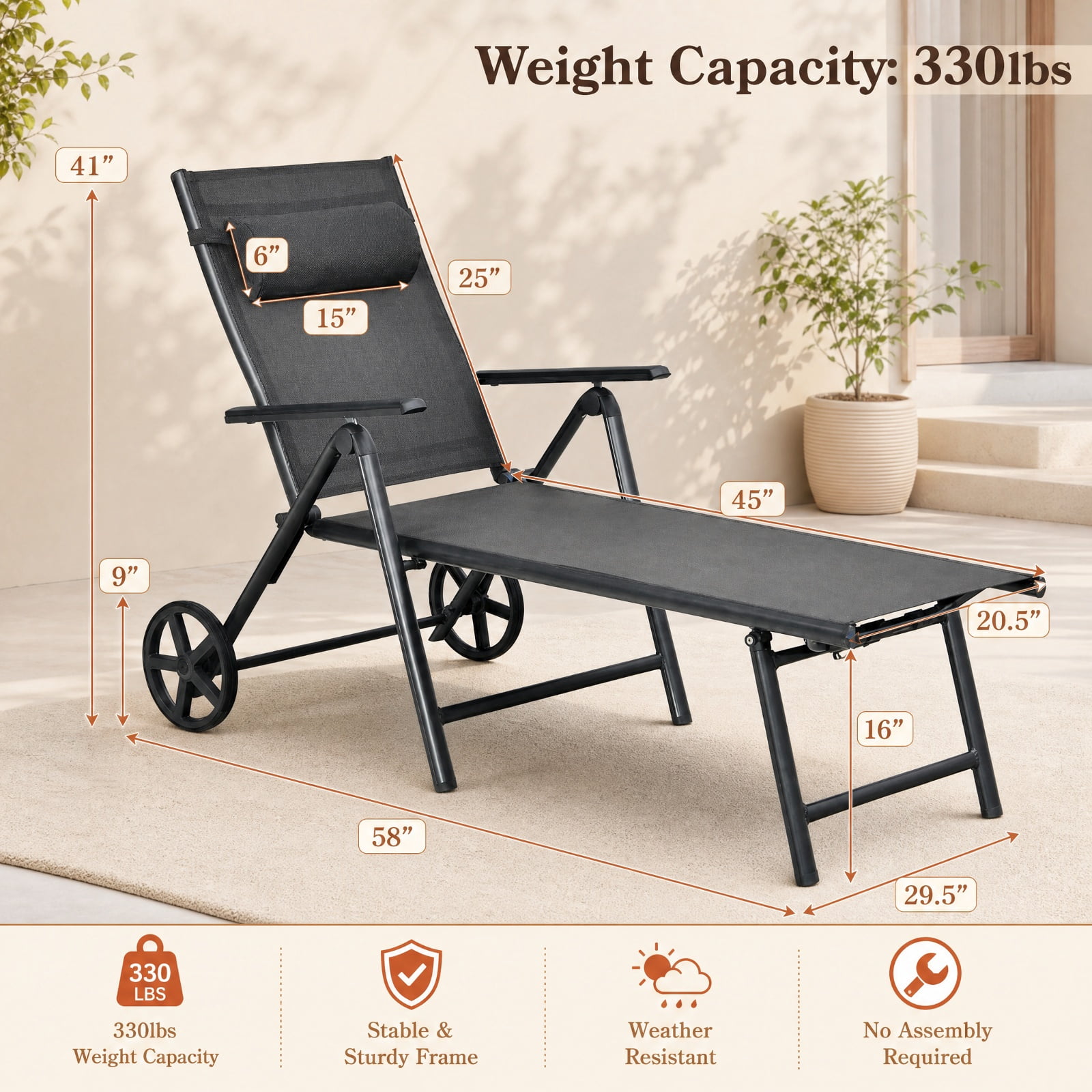 Furnibear Patio Lounge Chair with Wheels Neck Pillow 7 Position Backrest and Rustproof Aluminum Frame for Poolside Backyard and Patio, Gray