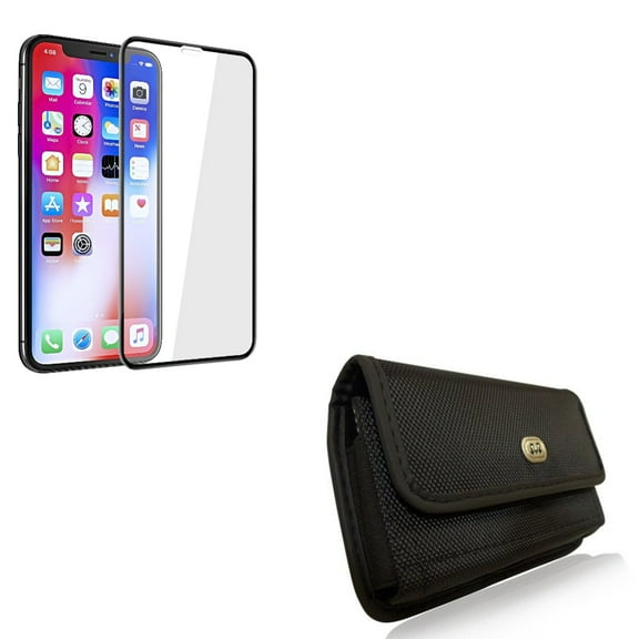 Screen Protector w Case Belt Clip for iPhone 11 Pro Max - Tempered Glass 5D Touch Curved Edge Full Cover Bubble Free, Rugged Holster Canvas Cover Pouch D2G Compatible With iPhone 11 Pro Max
