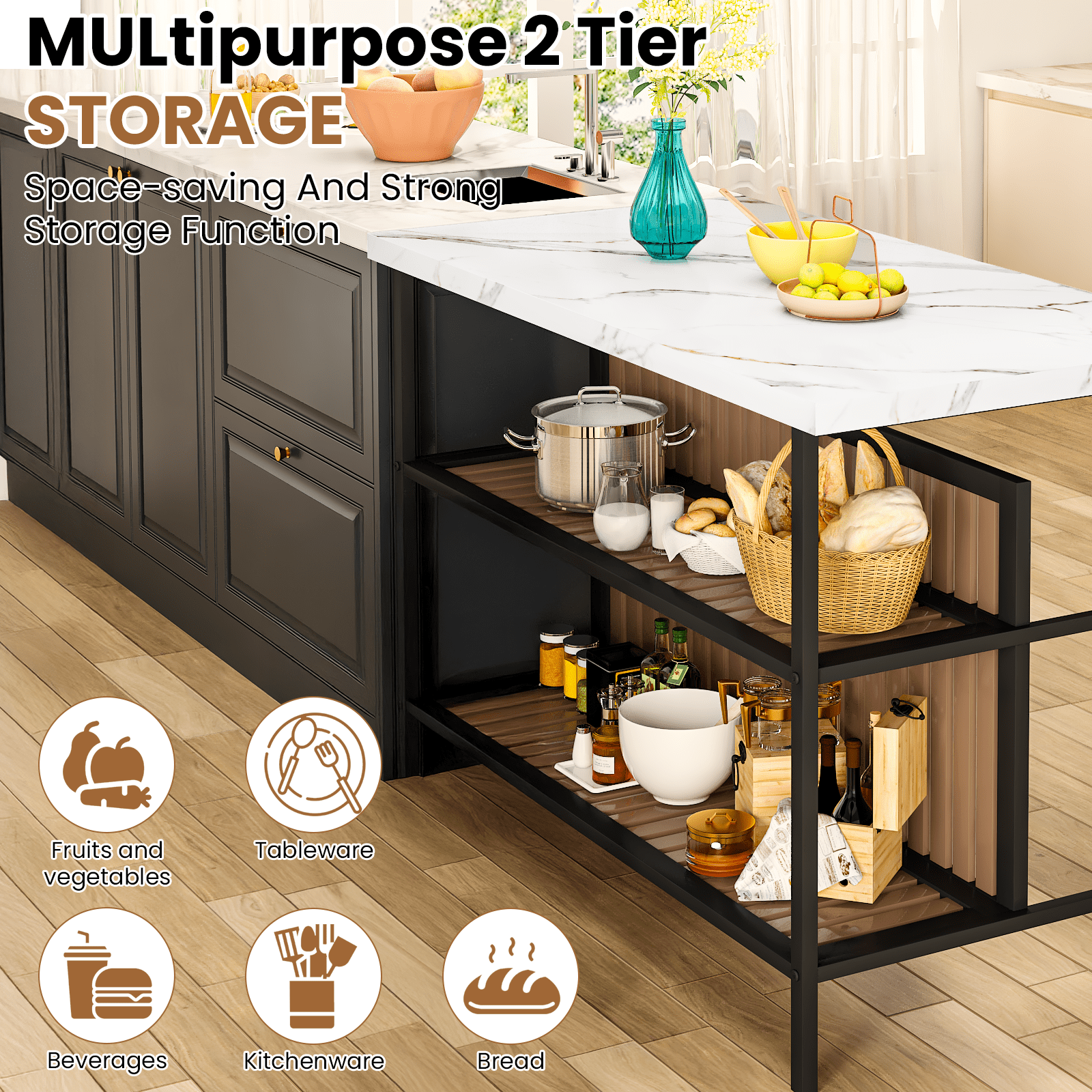 Cvortll Kitchen Island with Seating and Storage, 47.2" Wooden Counter Height Bar Table with 2 Stools, Space Saving Dining Table Set for Small Apartment or Bistro, White