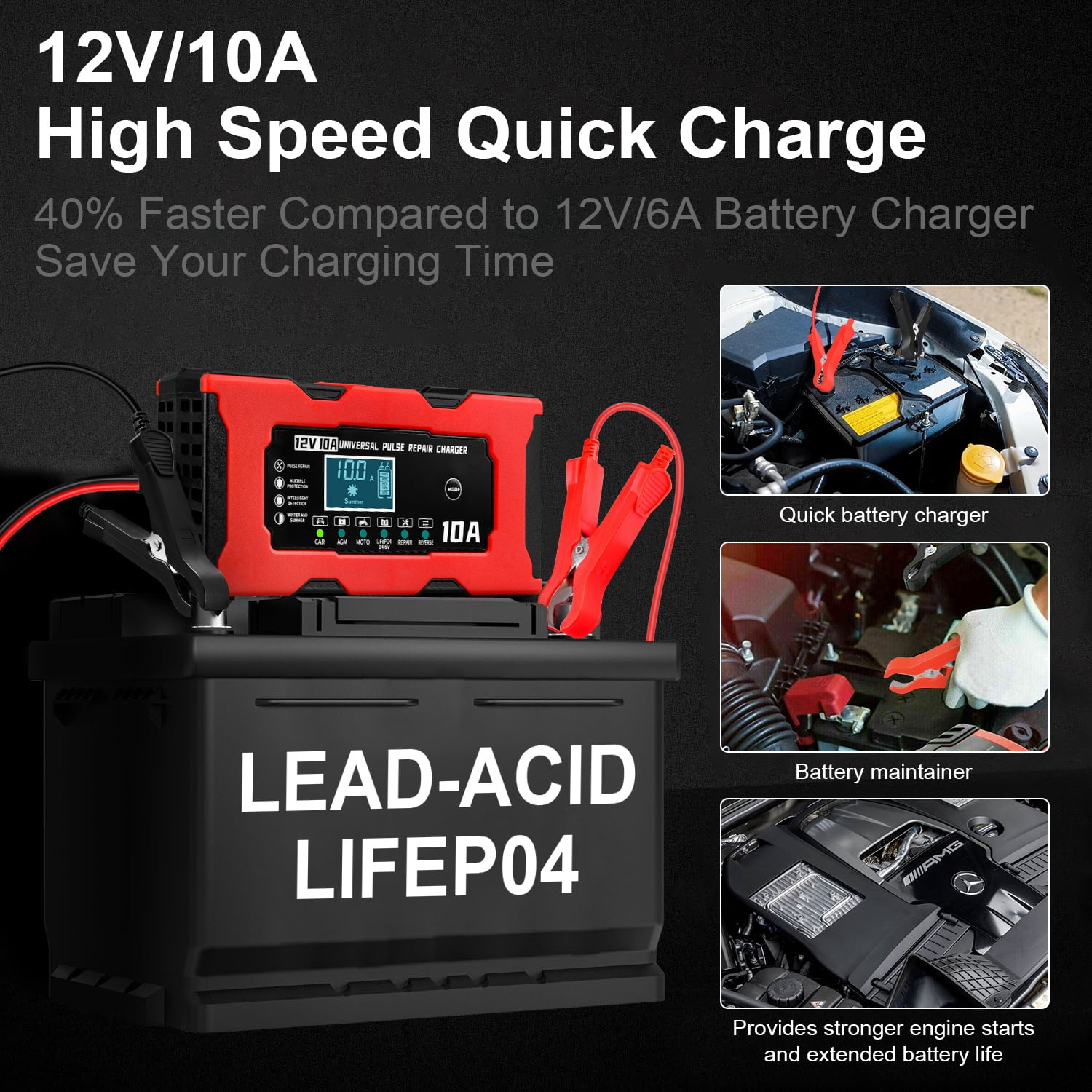 10-Amp Car Battery Charger,Smart Battery Trickle Charger 12V10A Automotive Battery Maintainer Desulfator w/ Temp Compensation Intelligent Pulse Repair 2 in 1 Lead Acid&Lithium Battery Charger for Car
