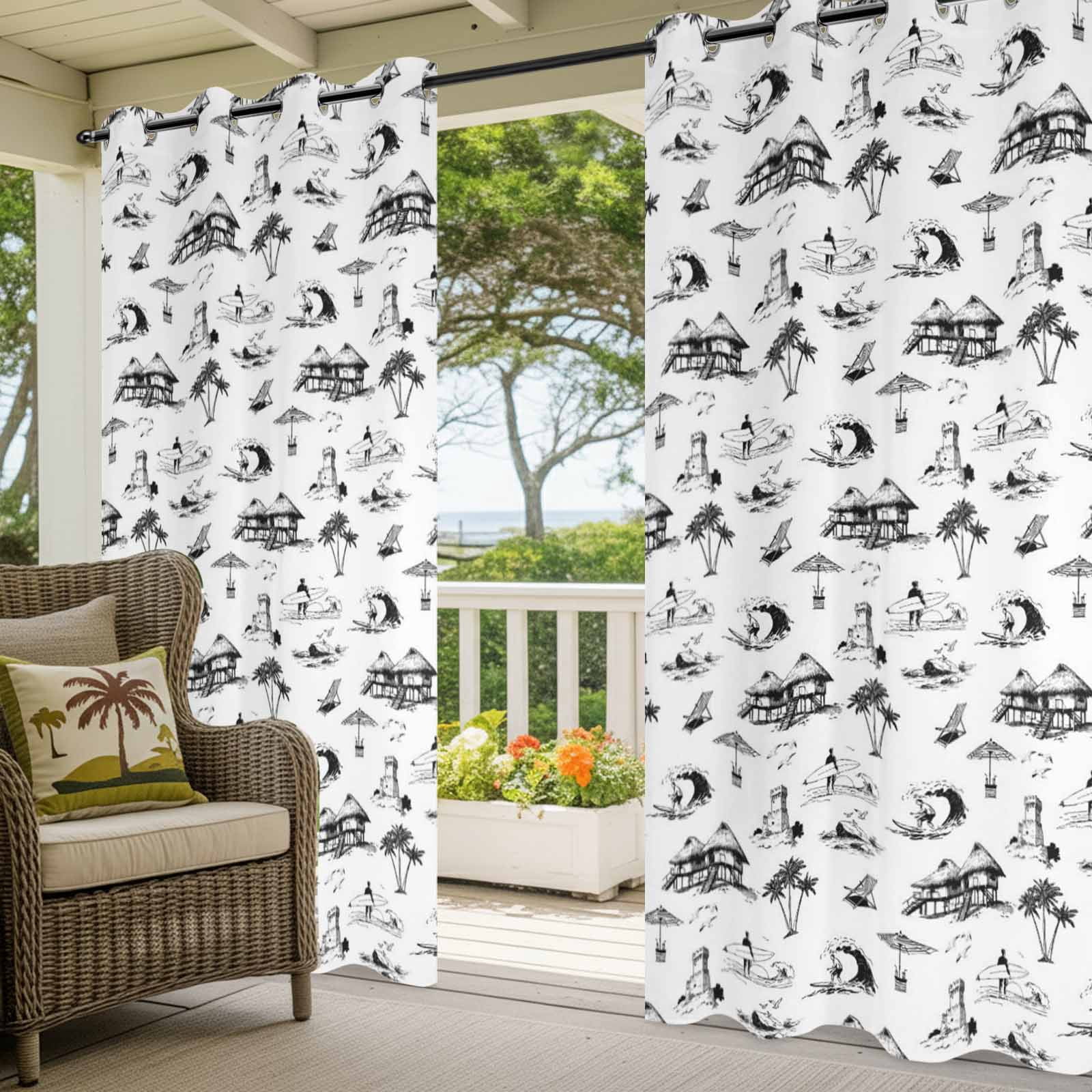 Coastal Holiday Outdoor Curtains for Patio, Ocean Coconut Tree Surfing Boat Black White Sunshade Privacy Drapes Grommet Waterproof Outside Curtains for Porch/Cabana/Balcony 54"x 108", 1 Panel