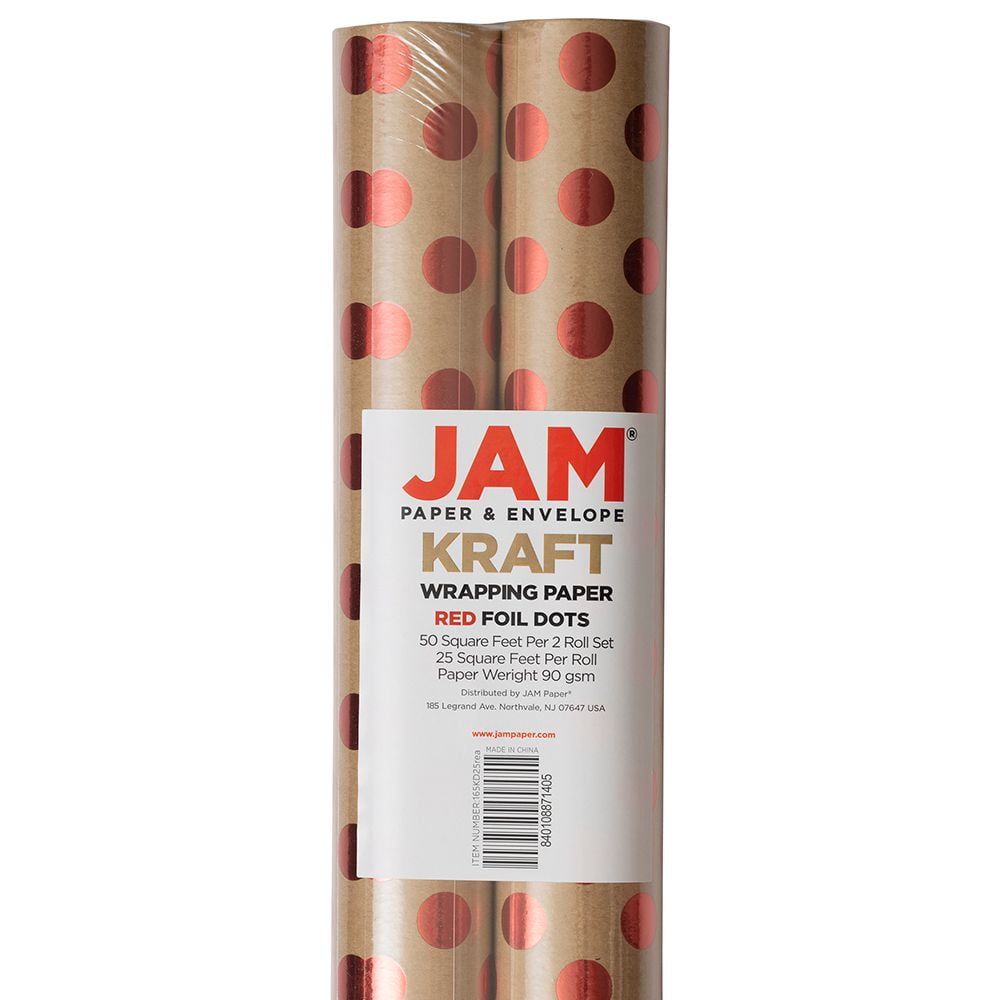 JAM Brown Paper Christmas Kraft Gift Wrap Papers, with Red Dots (2 Rolls) 50 sq ft.