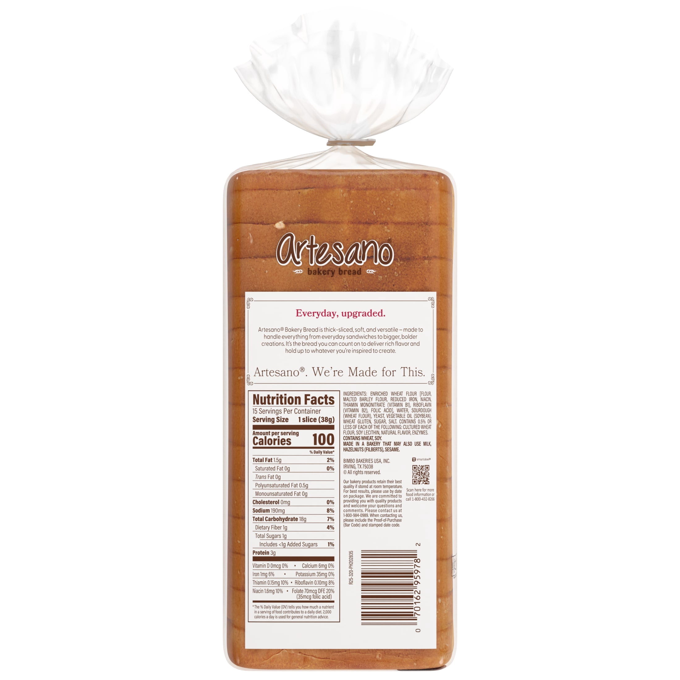 Artesano Sourdough Bakery Bread, 20 oz, Sourdough Sandwich Bread, Bag