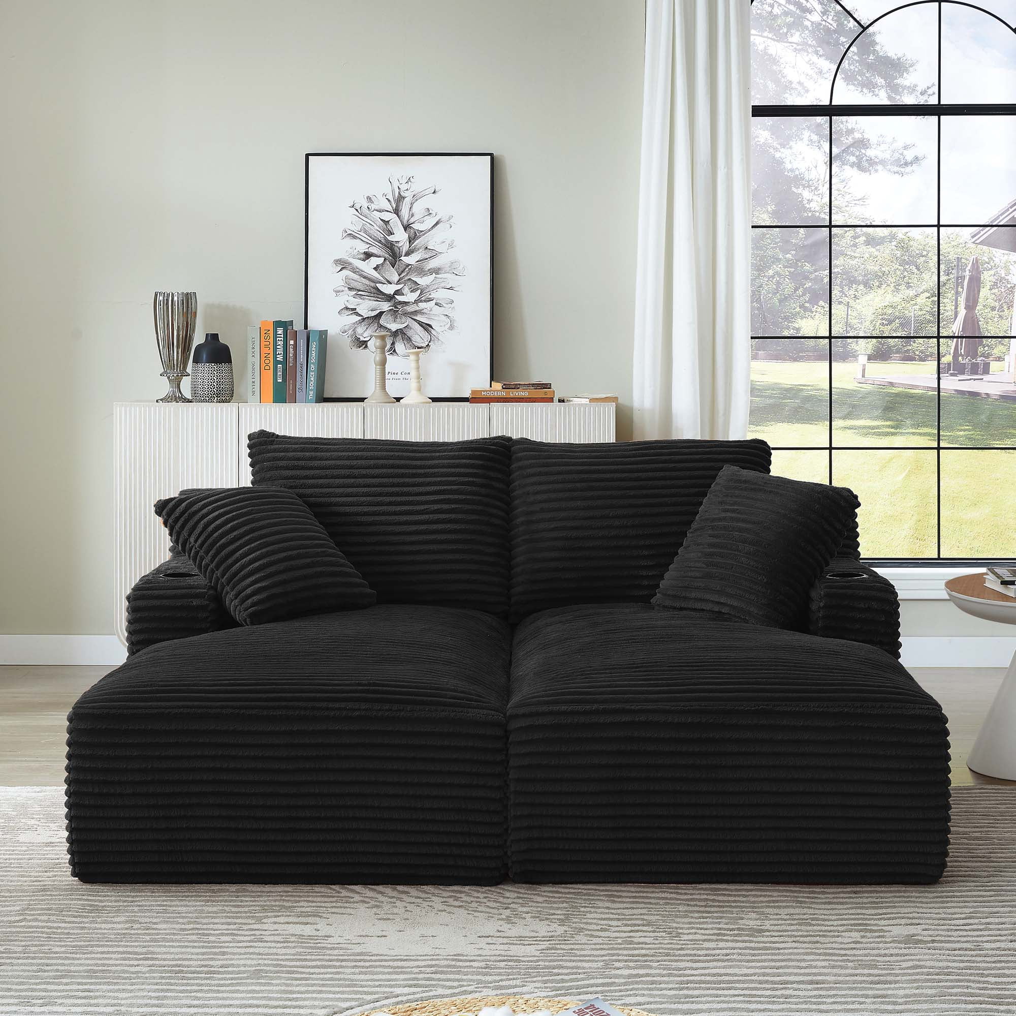 Miniyam Black Compressible Double Chaise Lounge with Cupholders, Modern Corduroy Sleeper Fluffy Loveseat for Indoor Living Room Bedroom Reading